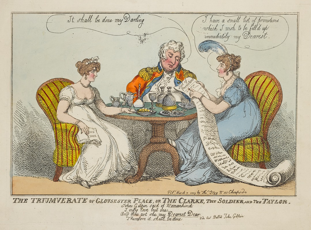 Thomas Rowlandson - The Triumverate of Gloucester Place, or the Clarke, the Soldier, and the Taylor