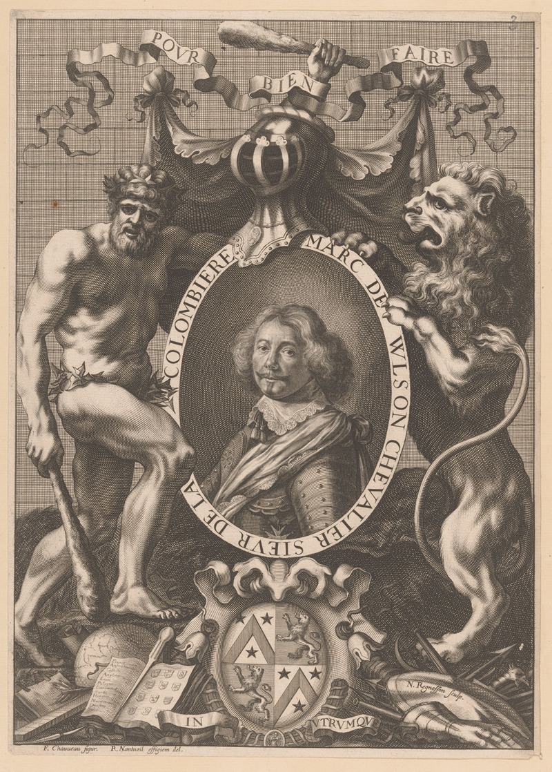 François Chauveau - Portrait of Marc de Vulson, flanked by a wild man and a lion