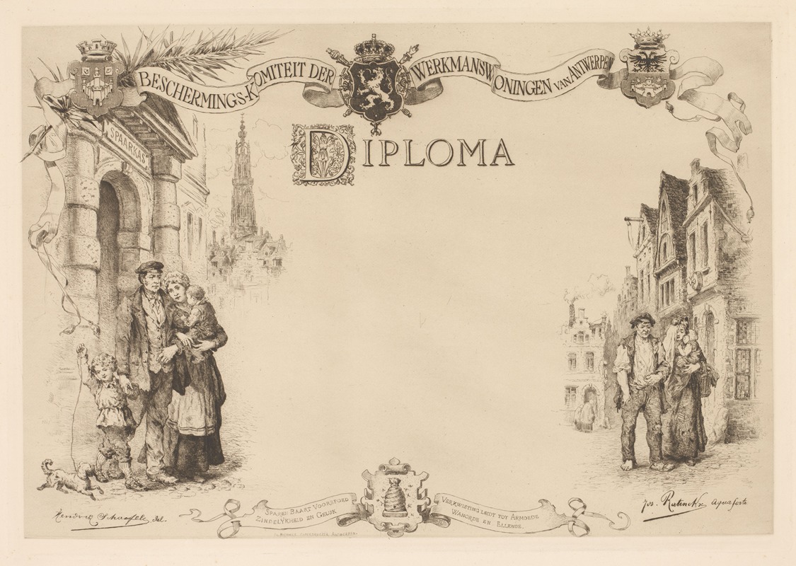 Jos Ratinckx - Diploma with a family on the street to the left and right