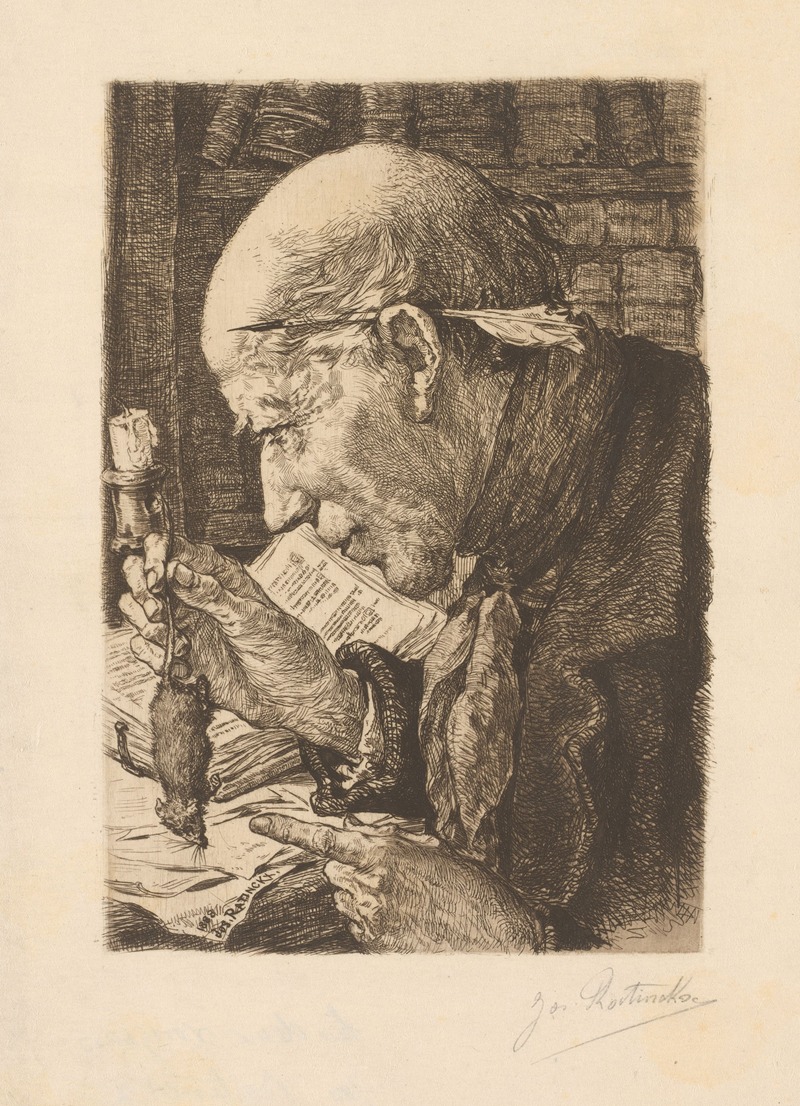 Jos Ratinckx - Man seated in front of a bookcase with a quill behind his ear and a mouse in his hand