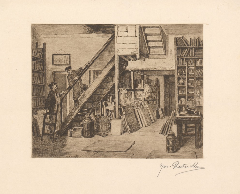 Jos Ratinckx - Two men at a staircase in an Antwerp lithograph workshop