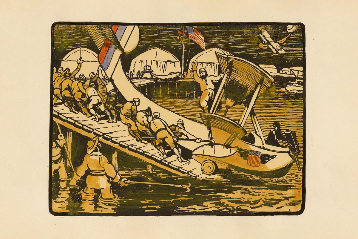 Maurice Busset - Mise à l’eau d’un hydravion escadrille américaine du cap Ferret (Launching an Seaplane, Part of the American Flotilla at Cape Ferret)