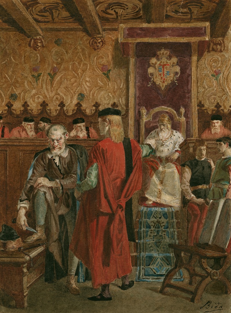 Alexandre Bida - Merchant of Venice, IV, 1, courtroom scene, Portia as Balthazar, Shylock whetting knife, etc.