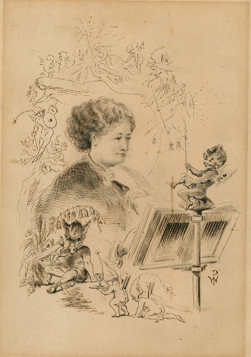 Anonymous - A drawing of a person reading with the characters of a Midsummer night’s dream around her