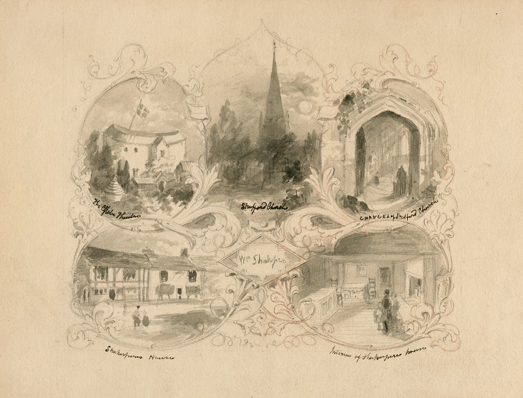 Anonymous - The Globe Theatre, Stratford Church, chancel of Stratford Church, Shakespeare’s house, interior of Shakespeare’s house