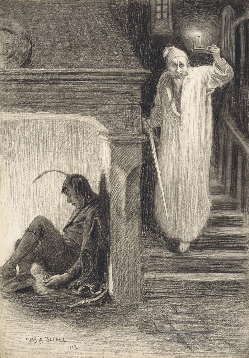 Charles A. Buchel - Clown and man in night gown descending a staircase