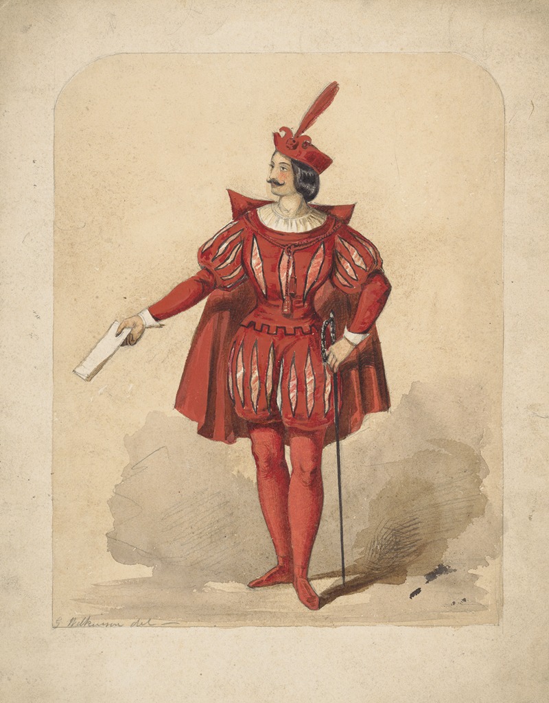 G. Wilkinson - Male figure dressed in a red costume, holding a piece of paper in his right hand