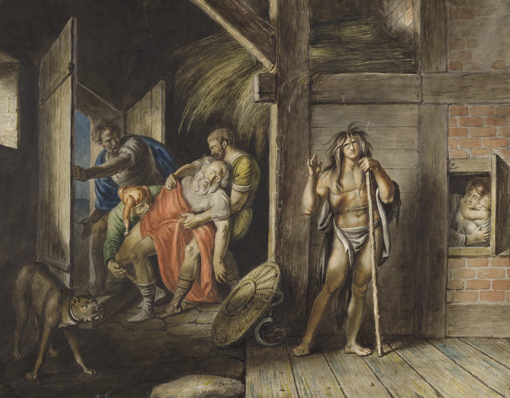 Johann Heinrich Ramberg - King Lear, III, 6, chamber in a farm house, Kent, Gloucester, and fool bearing the king