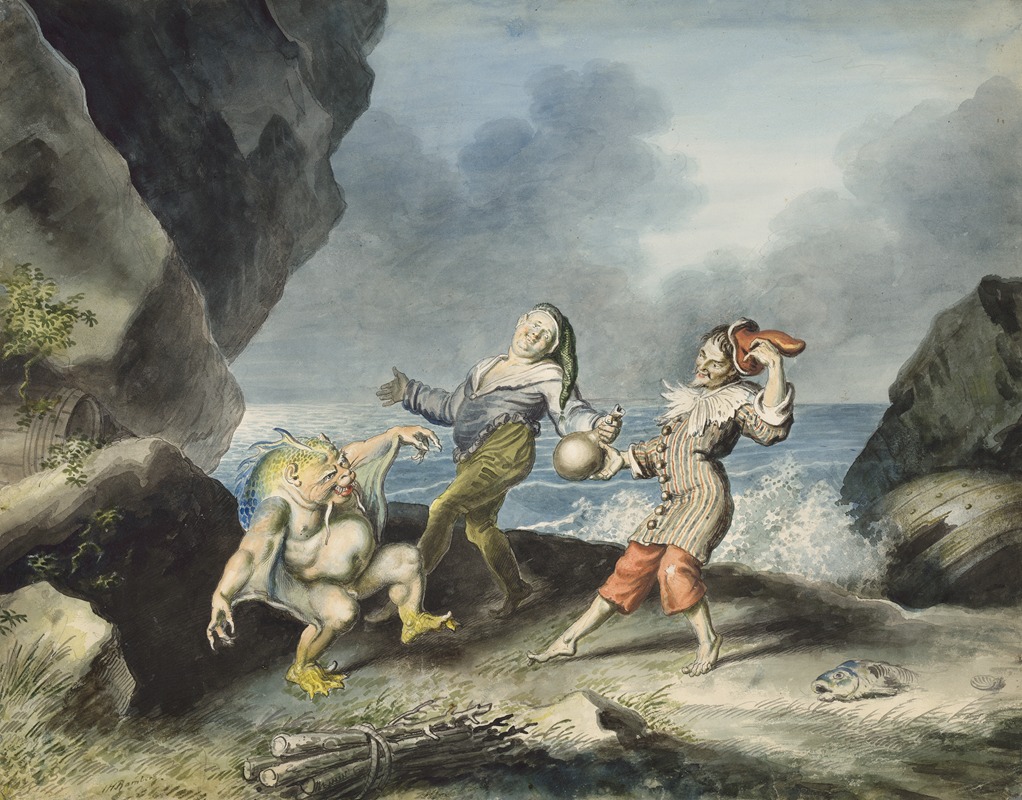 Johann Heinrich Ramberg - The tempest, II, 2, Caliban, Stephano and Trinculo on seashore