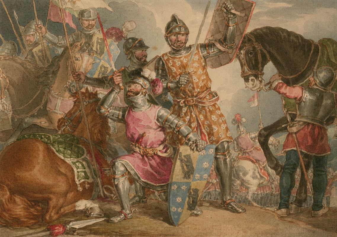 John Augustus Atkinson - King Henry VI, part III, act II, scene III, Warwick, Edward, and Richard at the Battle of Towton