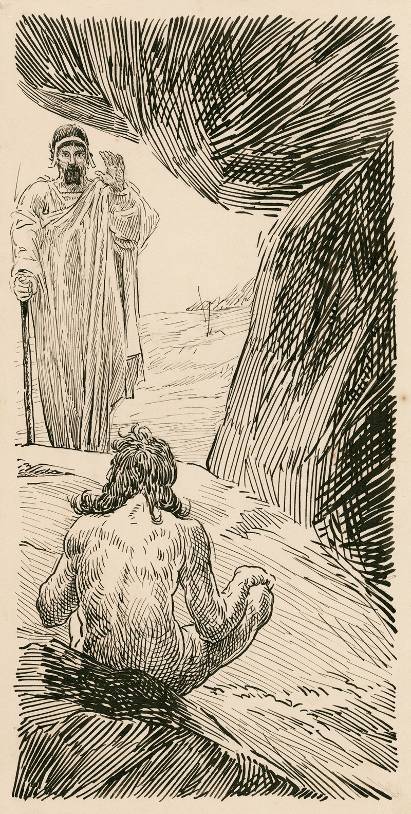 Louis Rhead - Timon of Athens, Flavius stood speechless, wrapped up in horror to see the […] naked as he was born, living in the manner of a beast