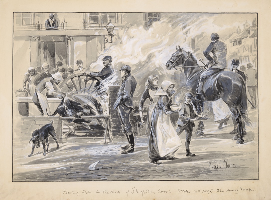 Maud Umfreville Clarke - Roasting oxen in the streets of Stratford on Avon, October 12th 1895, the Hiring Mop