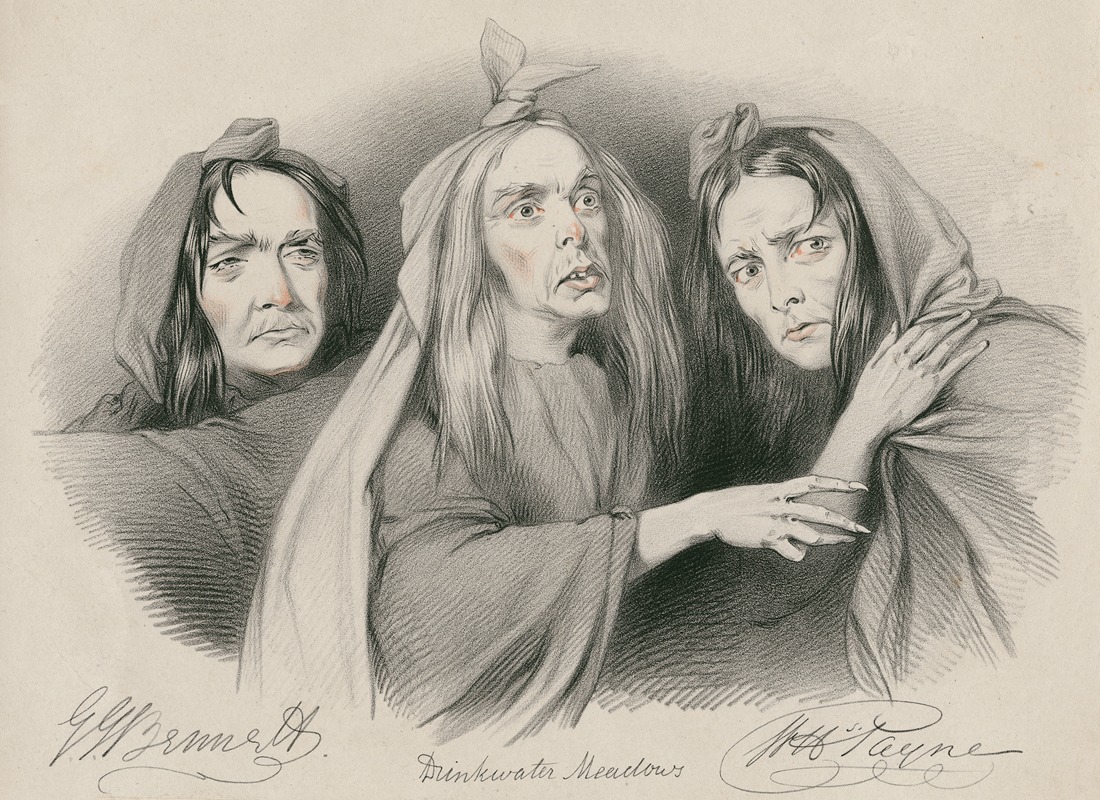 Richard James Lane - G.J. Bennett, Drinkwater Meadows, W.H. Payne as the three witches in Shakespeare’s Macbeth … ‘A drum! A drum! Macbeth doth come!’