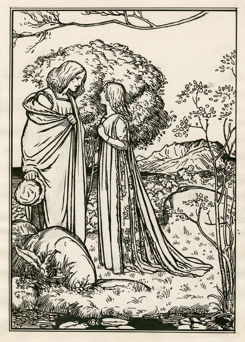 Robert Anning Bell - Full-page illustration of Ferdinand and Miranda from act 1, scene 2 of the Tempest