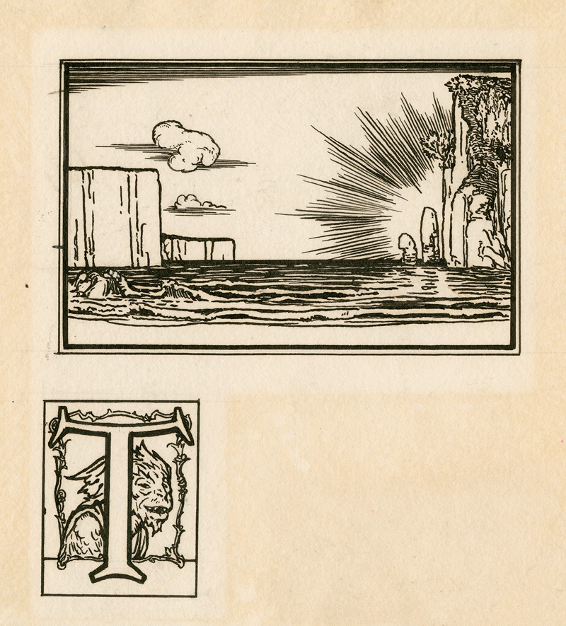 Robert Anning Bell - Illustration and illuminated initial letter for first page of act 3, scene 2 of The tempest