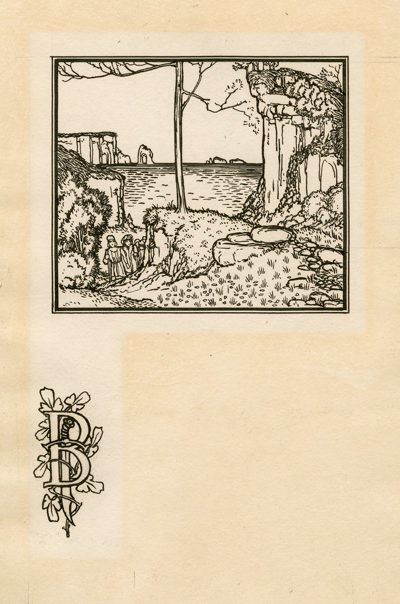 Robert Anning Bell - Illustration and illuminated initial letter for first page to act 2, scene 1 of Bell’s edition of The tempest