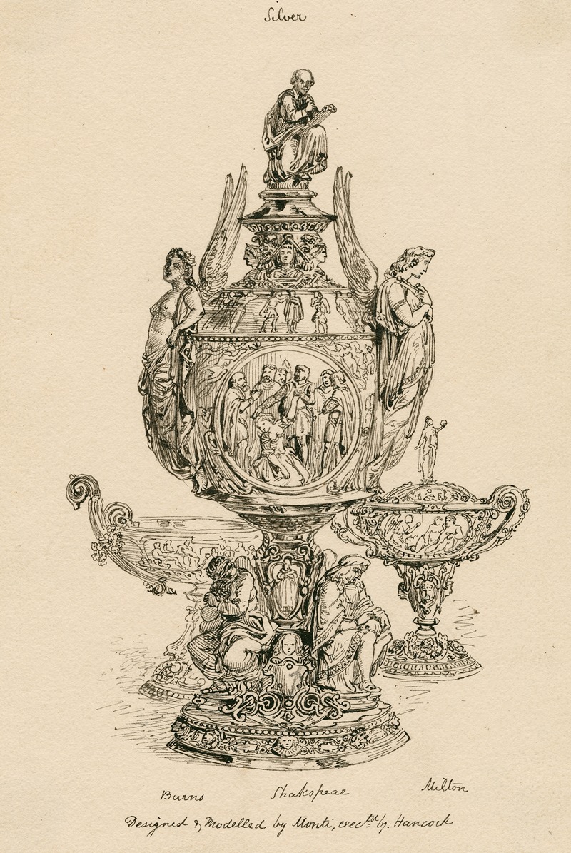 Robert Hancock - A design for a silver urn, Shakespeare at the top, Burns on the right side and Milton on the left