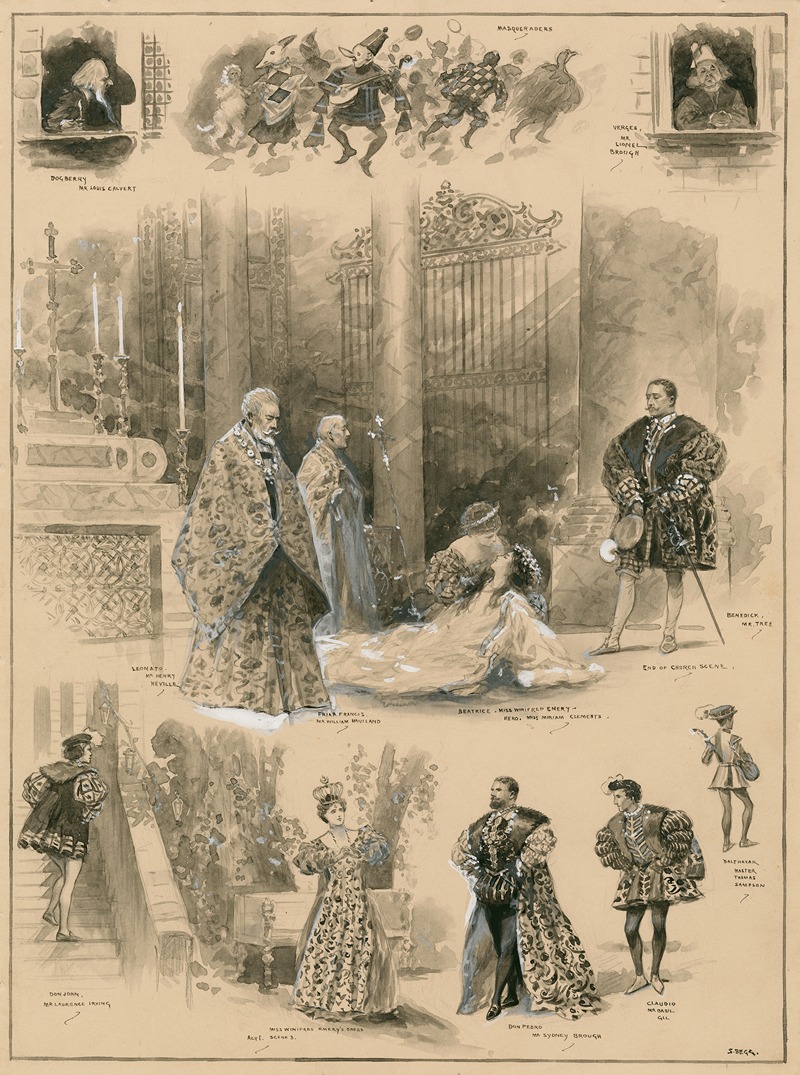 Samuel Begg - Grouped vignettes depicting characters and scenes from Much ado about nothing as performed at His Majesty’s in 1905