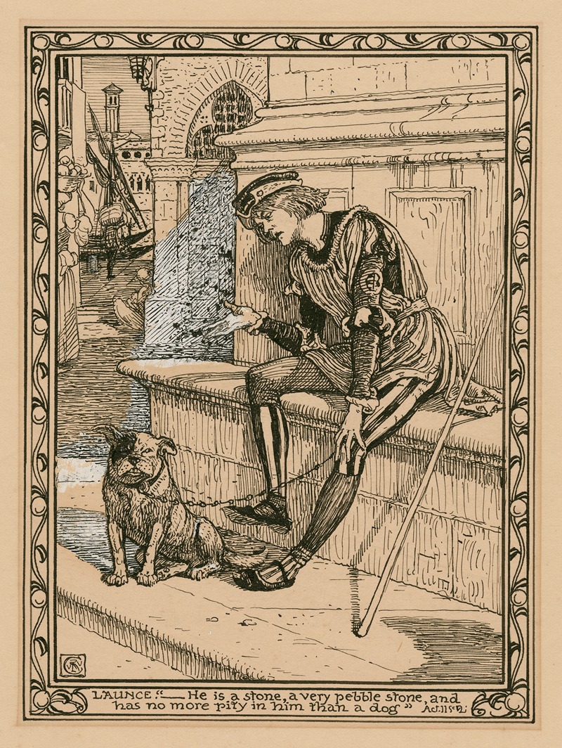 Walter Crane - Launce; ‘…He is a stone, a very pebble stone and has no more pity in him than a dog’, act II, sc. 2