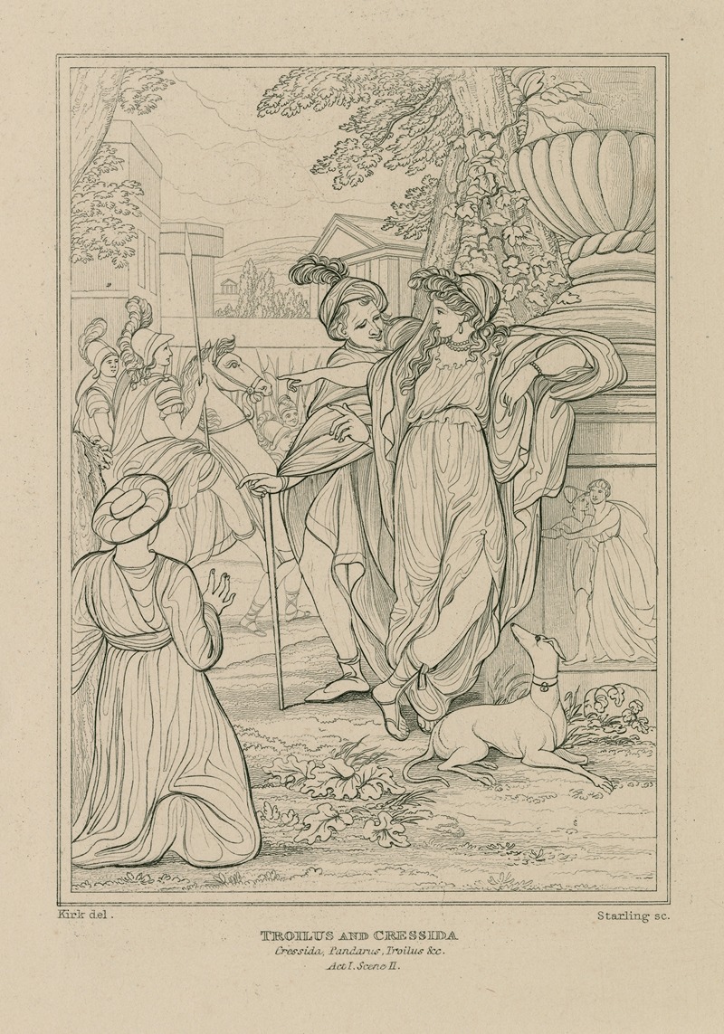 William Francis Starling - Troilus & Cressida, act 1, sc. 2, a street, Cressida, Pandarus, Troilus, soldiers etc