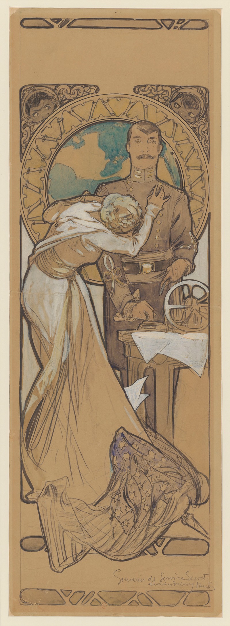 Alphonse Mucha - Services secret – maquette d’affiche – Lucien Guitry et Berthe Bovy