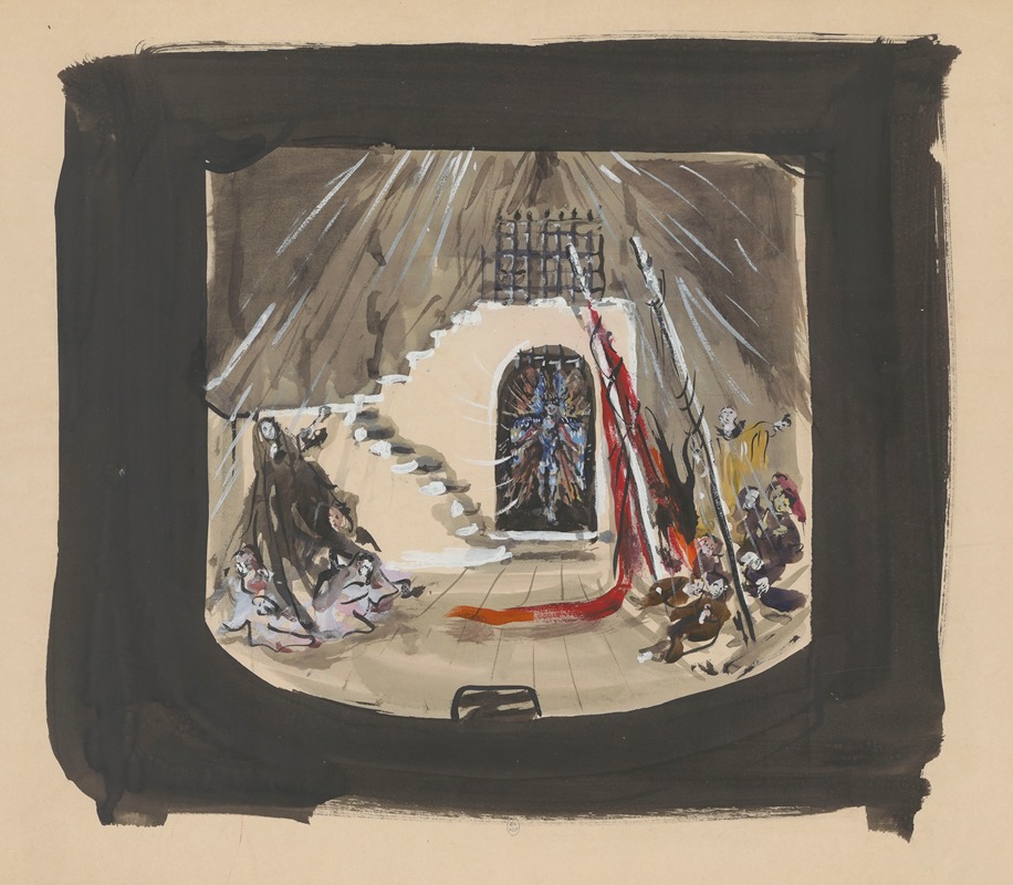 Christian Bérard - Sodome et Gomorrhe – maquette de décor – escalier longeant mur en ruine, podium avec draperie rouge