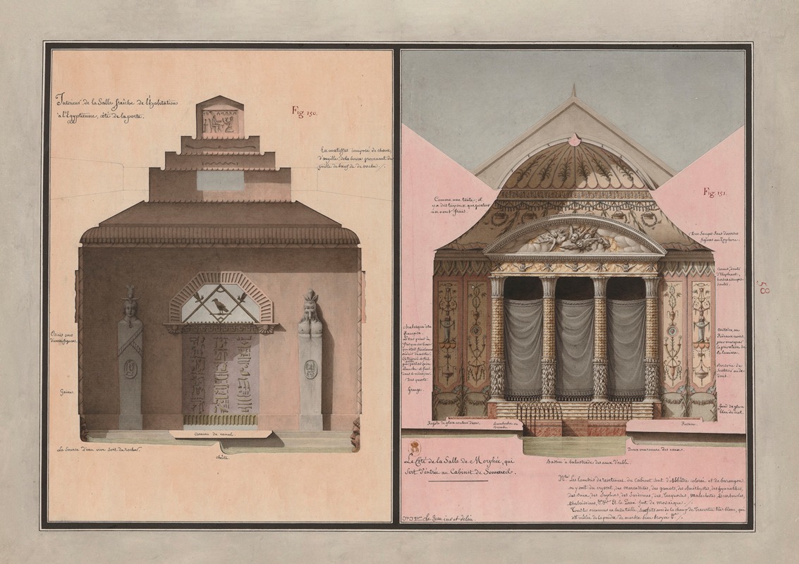 Jean Jacques Lequeu - Intérieur de la salle fraîche de l’habitation à l’égyptienne, côté de la porte ; Le côté de la salle de Morphée, qui sert d’entrée au cabinet de Sommeil