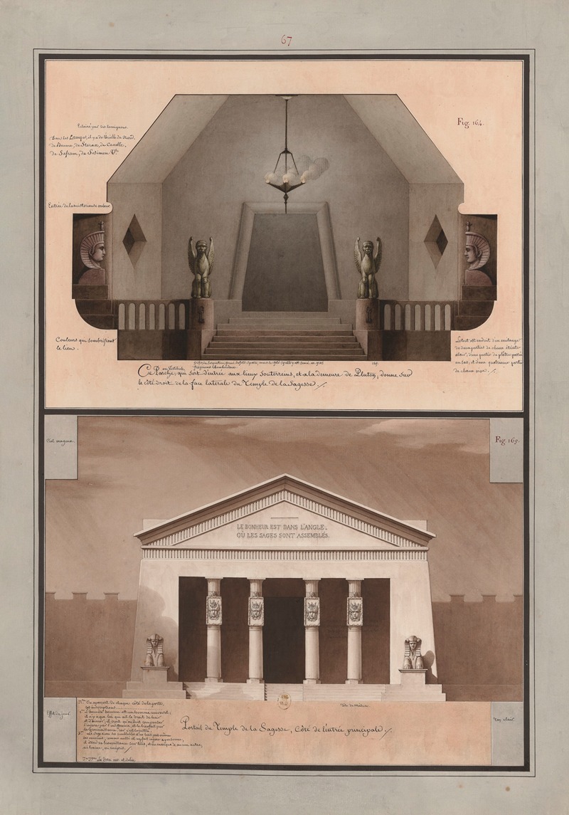 Jean Jacques Lequeu - Ce porche ou vestibule, qui sert d’entrée aux lieux souterreins, et a la demeure de Pluton, donne sur le côté droit de la face latérale du temple de la Sagesse