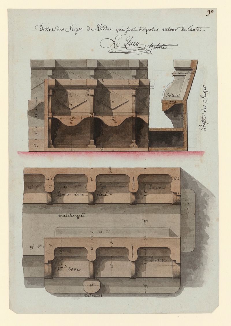 Jean Jacques Lequeu - Dessin des sièges de prêtre qui sont disposés autour de l’autel