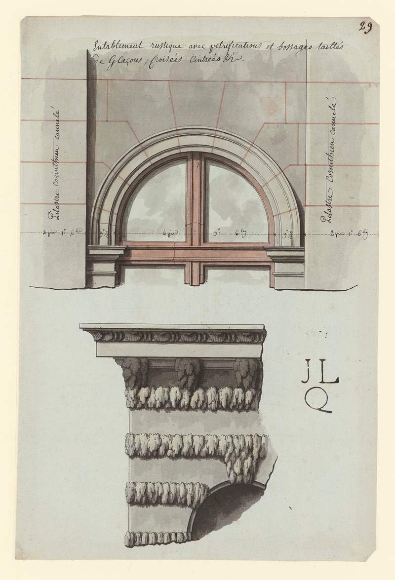 Jean Jacques Lequeu - Entablement rustique avec pétrifications et bossages taillés de glaçons ; Croisée cintrées