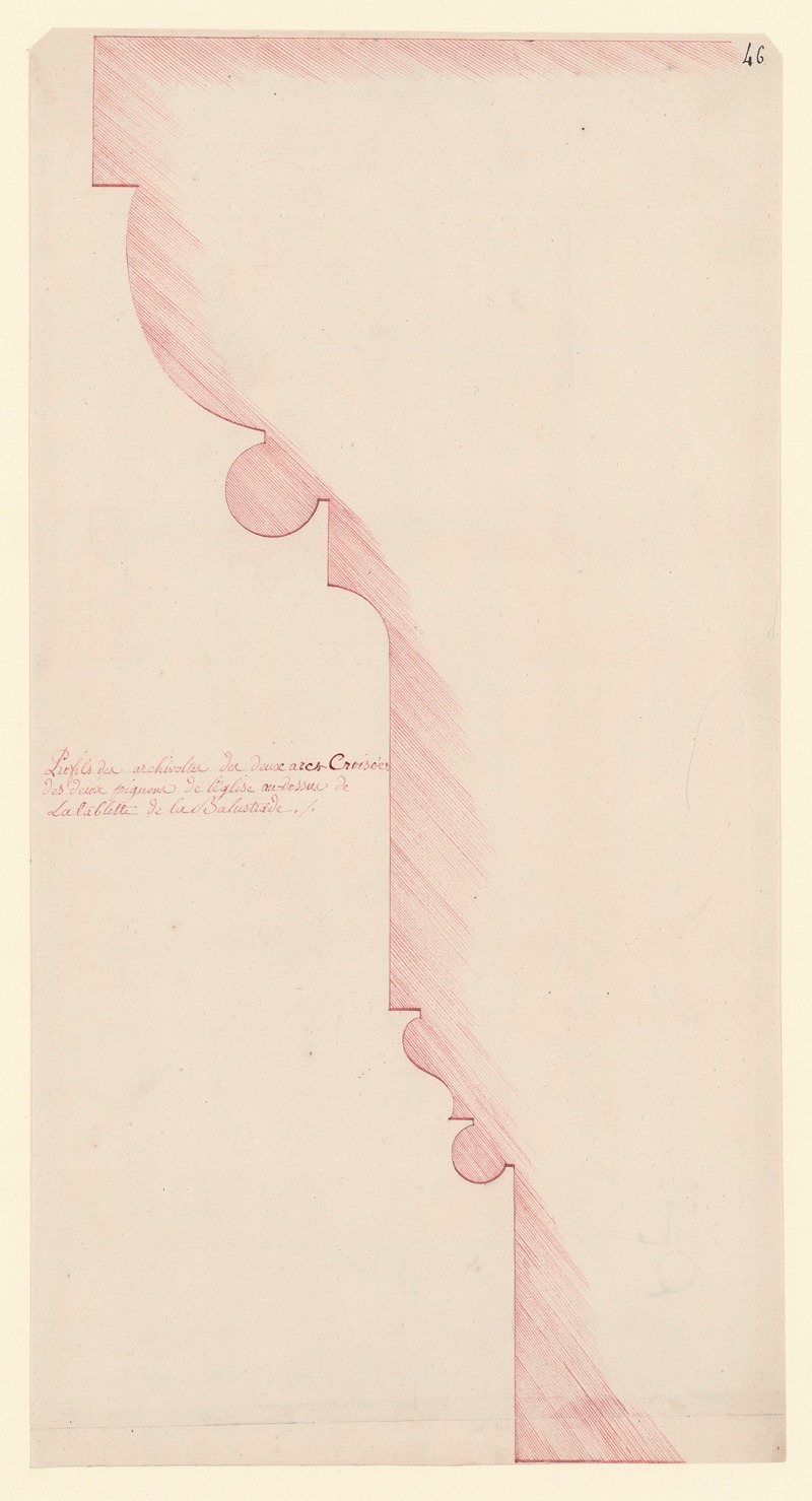 Jean Jacques Lequeu - Profils des archivoltes des deux arcs. Croisées des deux pignons de l’église au-dessus de la tablette de la balustrade
