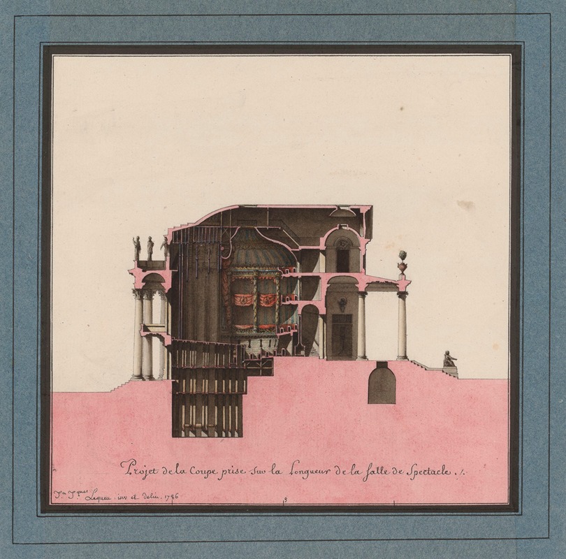 Jean Jacques Lequeu - Projet de la coupe prise sur la longueur de la salle de spectacle
