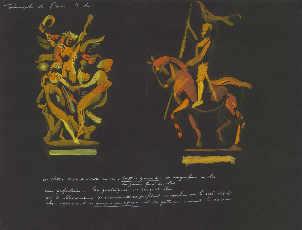 Robert Delaunay - Le Triomphe de Paris – maquette de décor – Illuminations de statues parisiennes – la danse de Carpeaux, la statue équestre de Jeanne d’arc de Frémiet