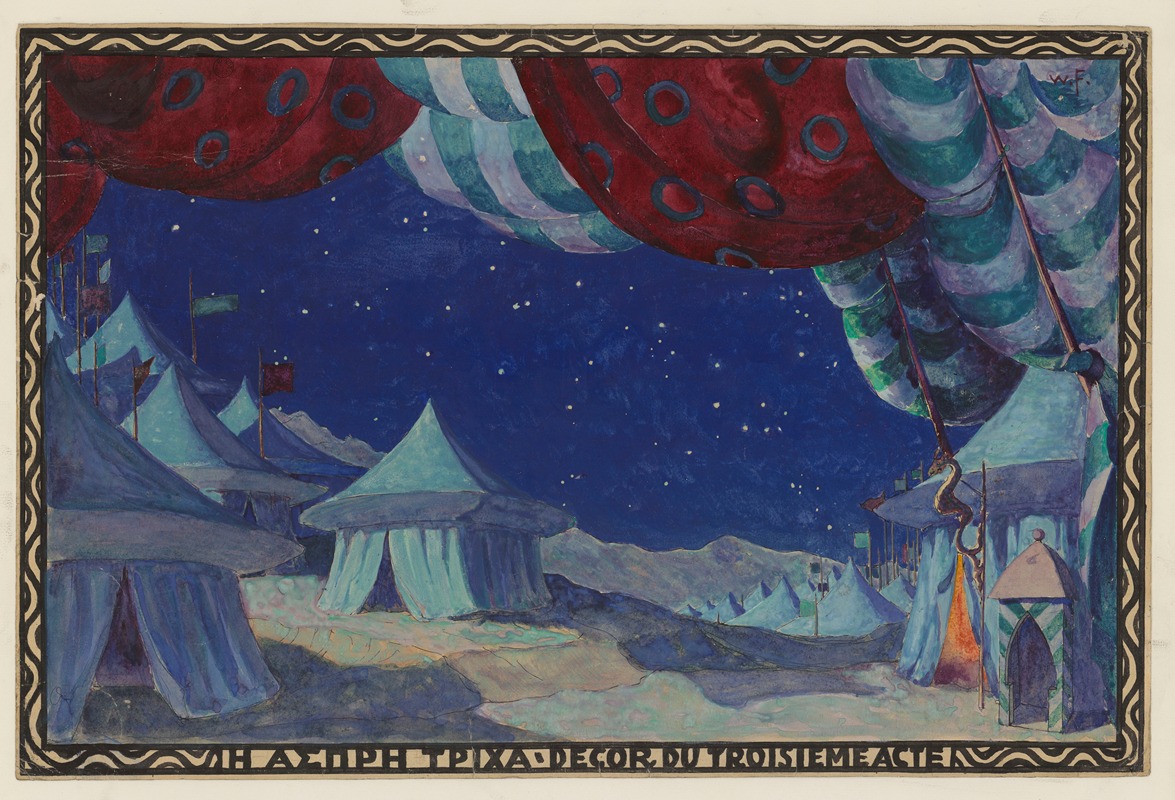 Walter-René Fuerst - Le Cheveu blanc – maquette de décor – acte III, Campement militaire, la nuit