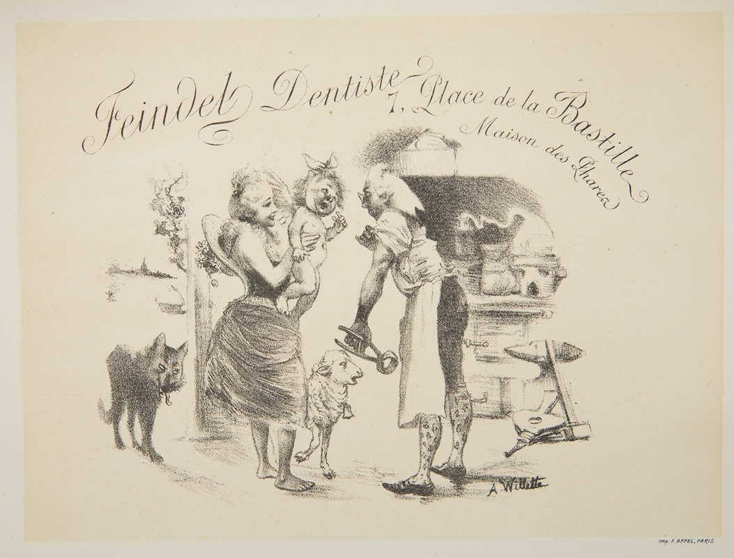 Adolphe Léon Willette - Address card of the Parisian dentist Feindel
