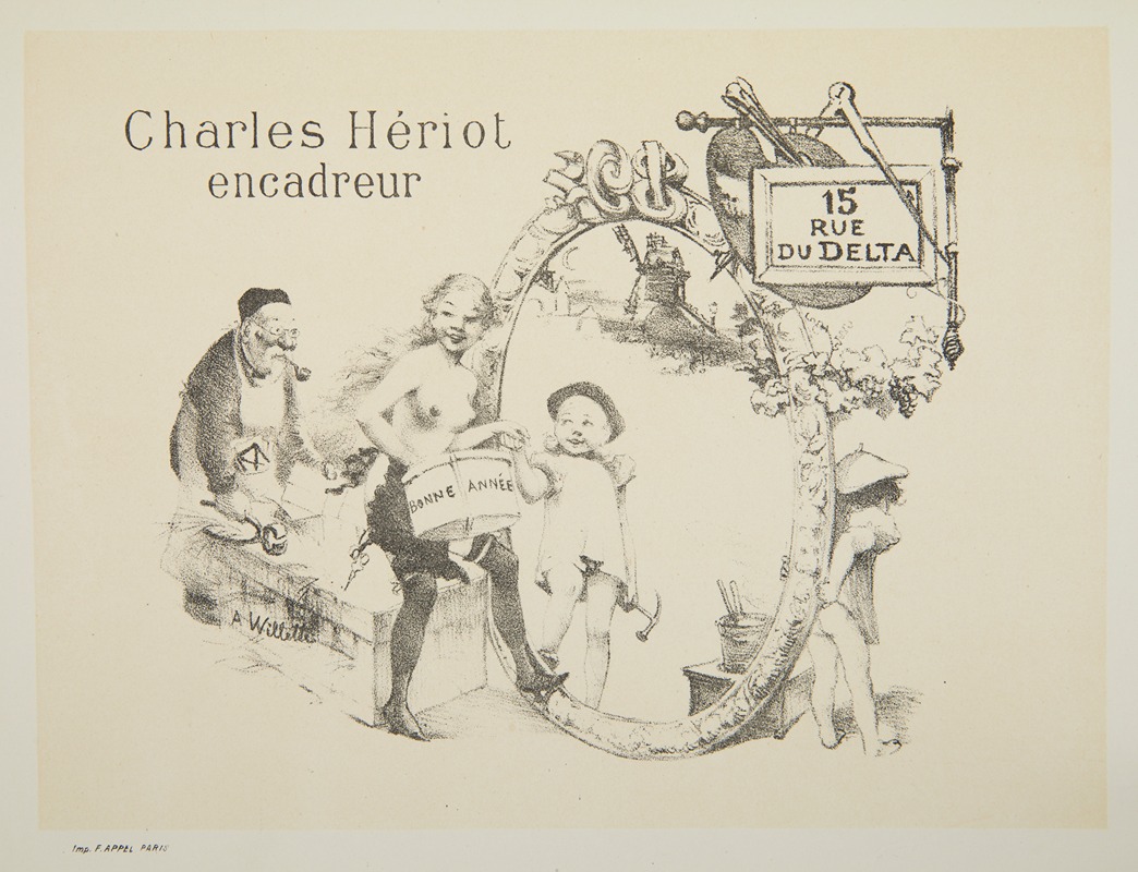 Adolphe Léon Willette - Address card with New Year’s greetings – advertisement for Parisian framer Charles Heriot