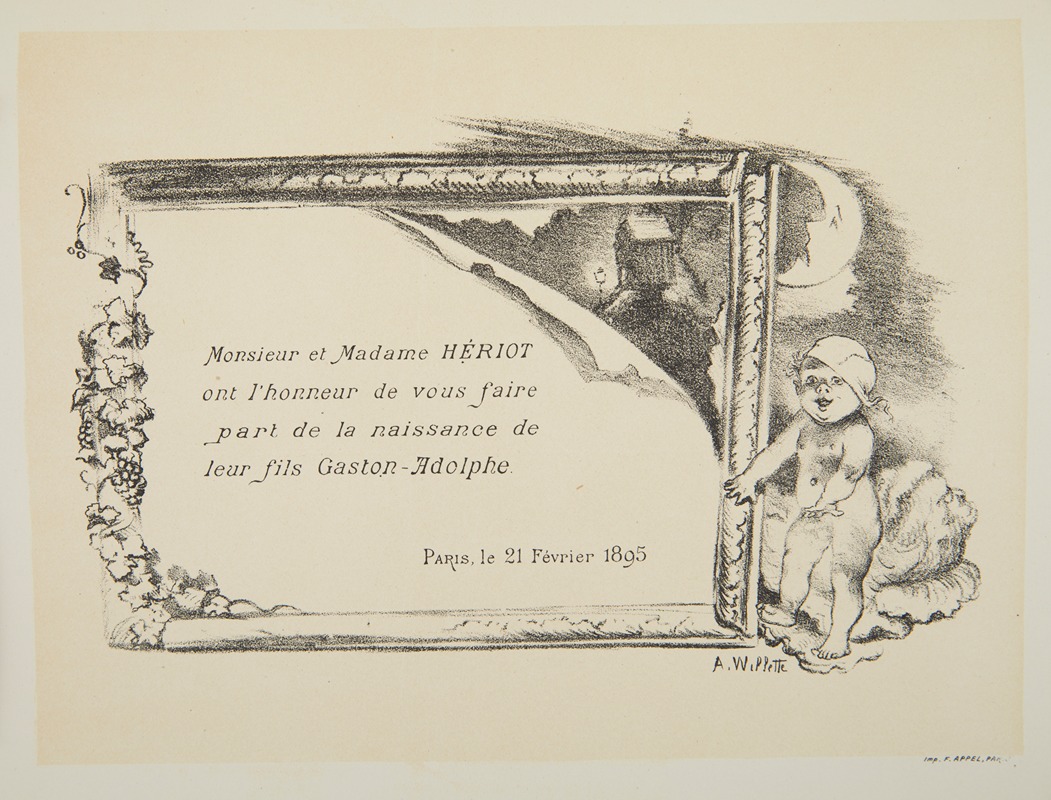 Adolphe Léon Willette - Invitation from Mr. and Mrs. Heriot to the christening of their son Gaston-Adolphe