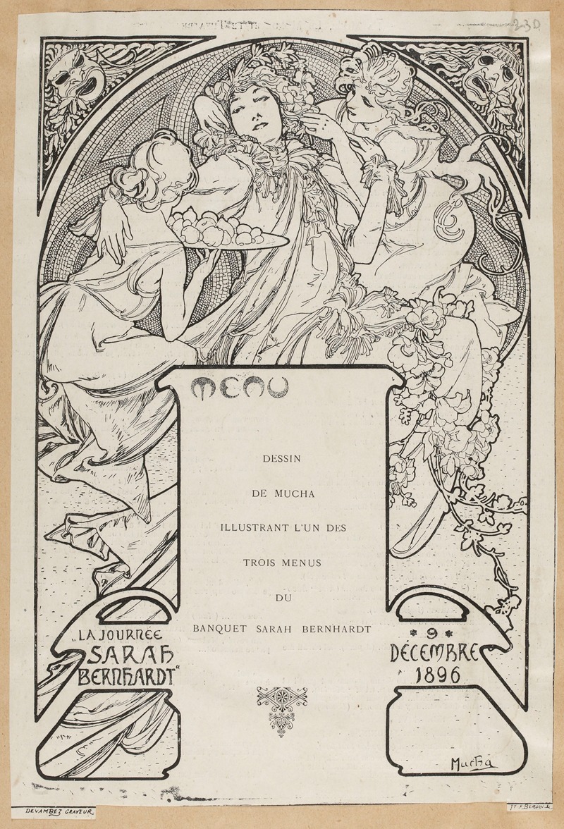 Alphonse Mucha - Dessin de Mucha Illustrant l’un des trois menu du banquet Sarah Bernhardt