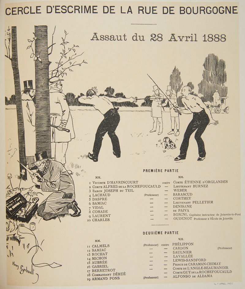 Henry Gerbault - The program of the fencing club (Cercle d’Escrime de la rue de Bourgogne) from April 28, 1888