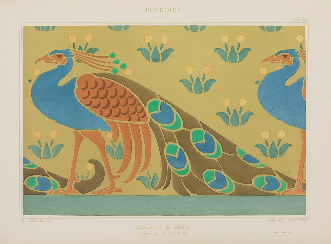 Maurice Pillard Verneuil - Bordure & semis, paons & fleurettes