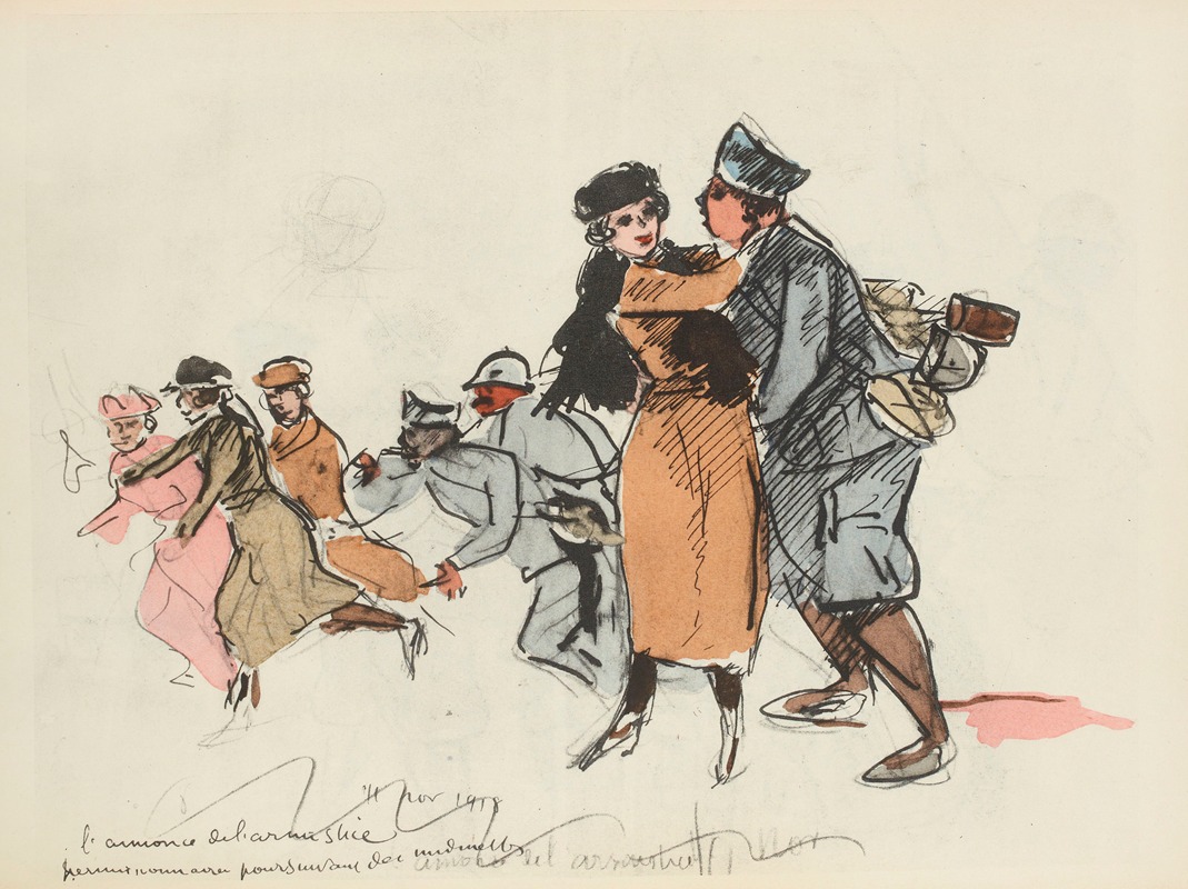 Paul Goute - L’annonce de l’Armistice, permissionnaires poursuivant des midinettes, 14 novembre 1918