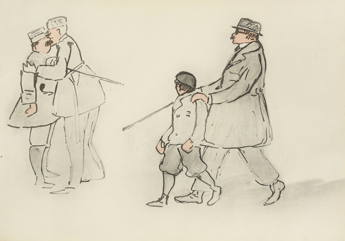 Paul Goute - Sans titre; deux militaires ; un enfant guidant un aveugle
