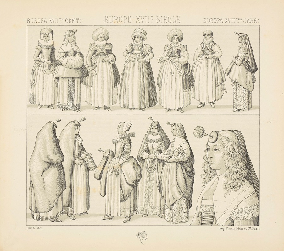 Auguste Racinet - Angleterre, Brabant, Allemagne et France – costumes feminins 1640-1650 – les dames houppes