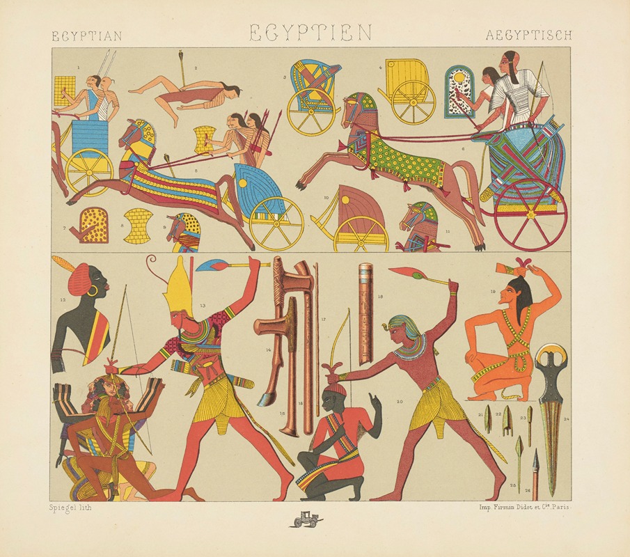 Auguste Racinet - Chariots de guerre Égyptiens et Asiatiques, armes races diverses