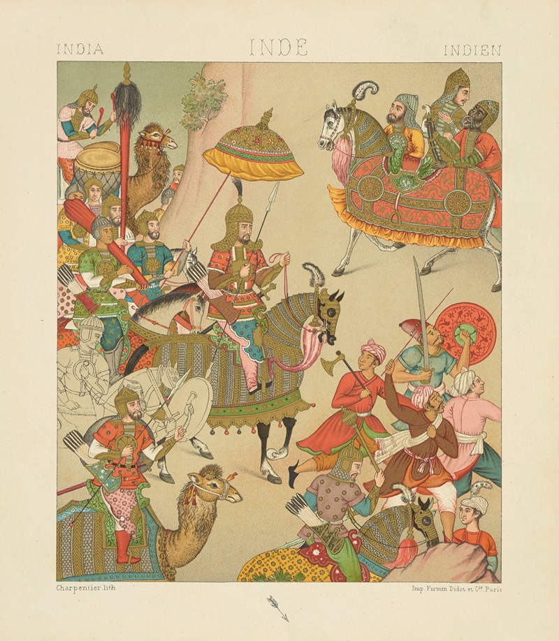 Auguste Racinet - Costume de guerre du XVIe siècle; empereur Mogol conduisant une expédition militaire