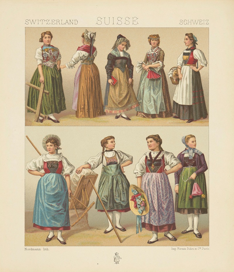 Auguste Racinet - Costumes feminins – Unterwalden, Saint-Gall, Berne, Valais, Zurich, Zug, Lucerne, Bale