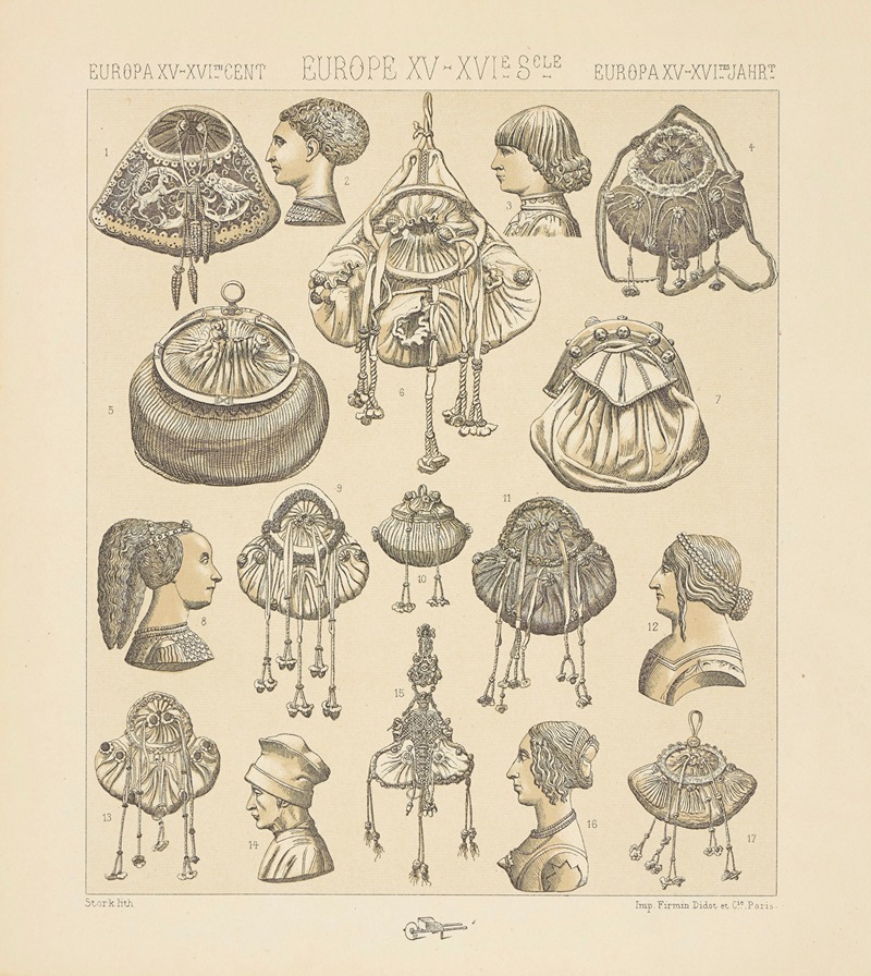 Auguste Racinet - Escarcelles, bourses, coiffures italiennes