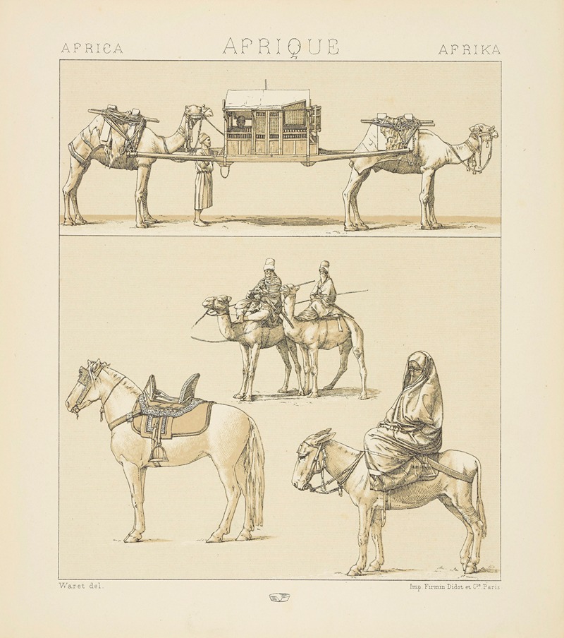 Auguste Racinet - Les montures et les animamaux de transport;  le Touareg, une femme égyptienne en costume de ville