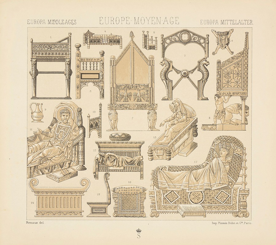 Auguste Racinet - Meubles du VIIe siecle au XIVe – lits, trones et sieges