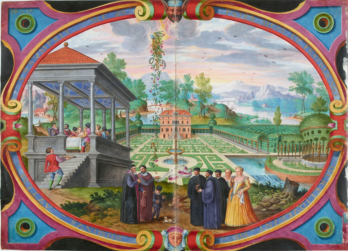 Anonymous - Tableau représentant Magius et son fils devant un paysage de jardins et de montagnes